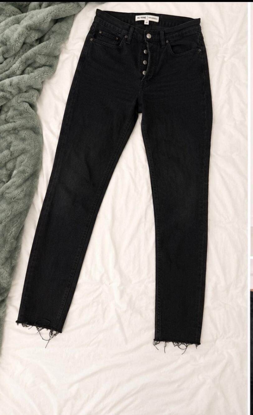 Re/Done Originals High Rise Black Skinny Jeans Raw Hem Size 27